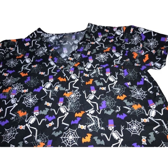 Halloween Scrub Top Skeletons, Spider Webs, Bats Size M - Picture 6 of 9